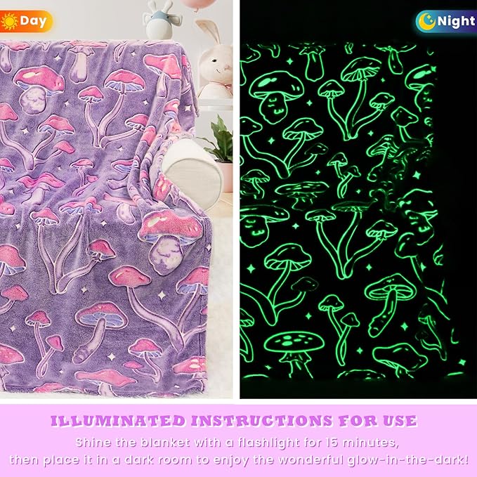 Mushroom Throw Blanket for Adult Girls - Mushroom Gifts for Women Cute Glow in The Dark Blanket for Bed Couch Cottagecore Room Decor Birthday Christmas All-Season Gifts Stuff