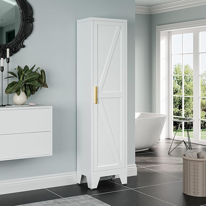 67''Farmhouse Metal Storage Cabinet with Barn Doors,Steel File Cabinet for Home Office,Kitchen Pantry 4 Adjustable Shelves,Freestanding Cupboard for Kitchen,HomeOffice(White)