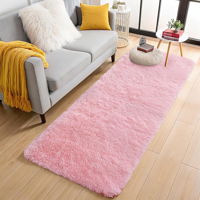 OLANLY 2x5 Machine Washable Runner Rugs for Hallway, Soft Fluffy Shaggy Bedside Rugs for Bedroom, Living Room, Indoor Floor Carpet for Kids Girls and Boys, Nursery Rooms, Home Decor Aesthetic, Pink