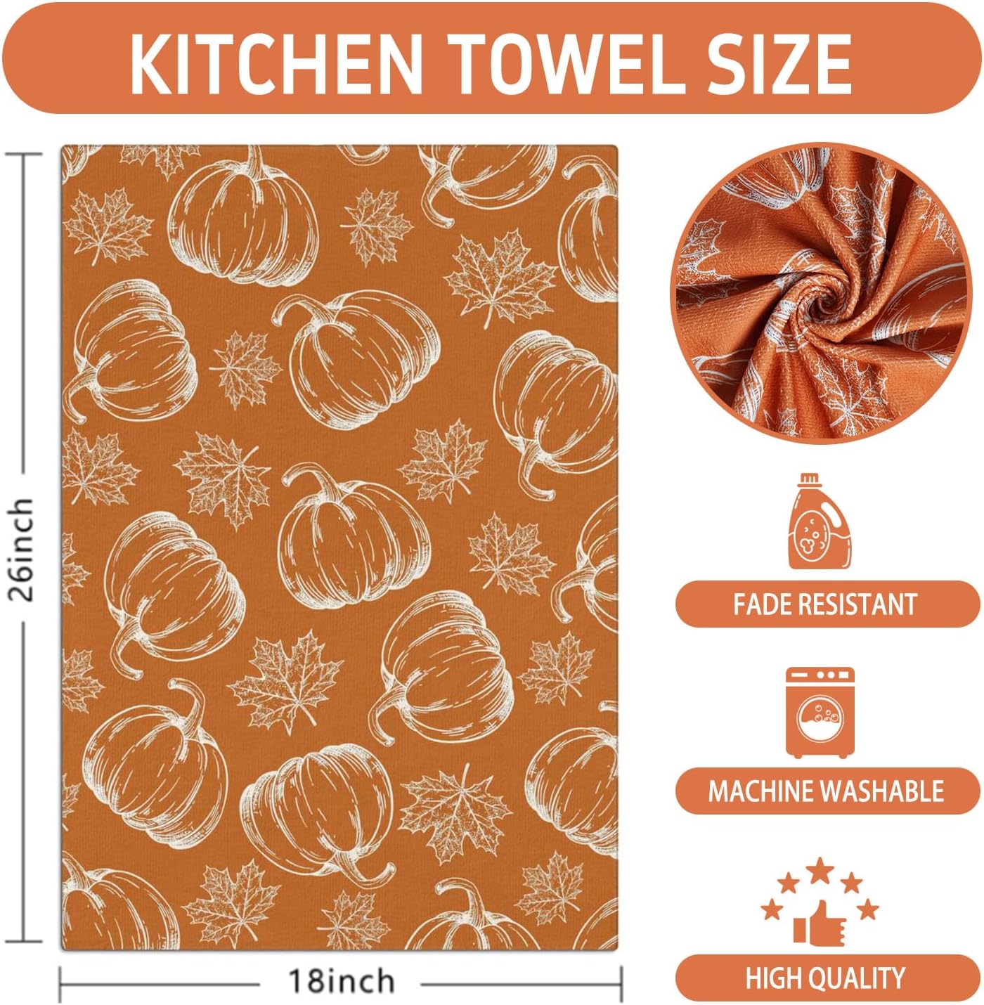 Fall Kitchen Towels Set of 2 Pumpkin Maple Leaves Hello Fall Autumn Kitchen Towels Farmhouse Home Thanksgiving Harvest Vintage Decorations, 18x26 Inch