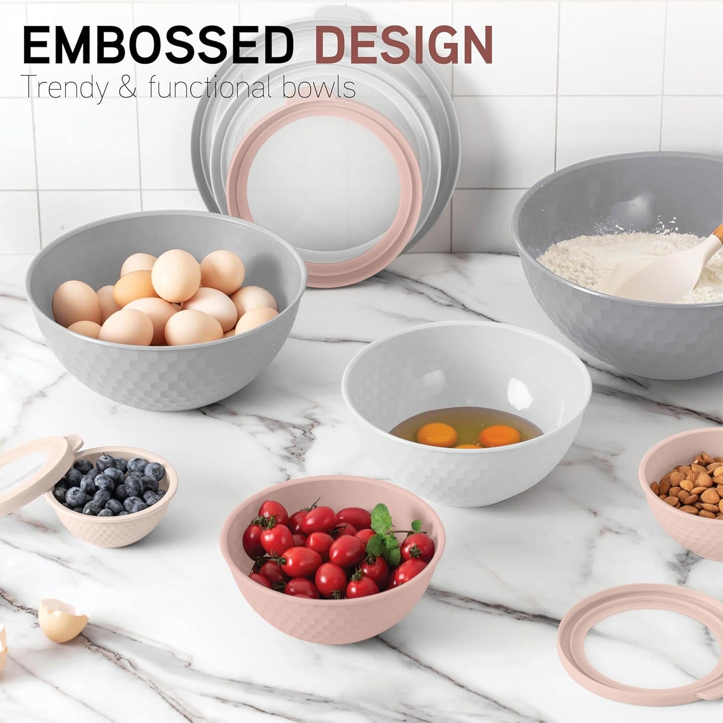 COOK WITH COLOR Mixing Bowls with Lids - 12 Piece Plastic Nesting Bowls Set includes 6 Prep Bowls and 6 Lids, Non Slip Bottom and Embossed Design - Microwave Safe (Pink)