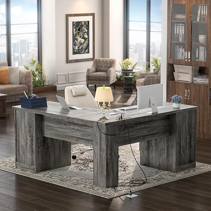 Unikito L Shaped Desk with Drawers, 60 Inch Corner Computer Desks with USB Charging Port and Power Outlet, Large 2 Person Home Office Table with File Cabinet, Black Oak