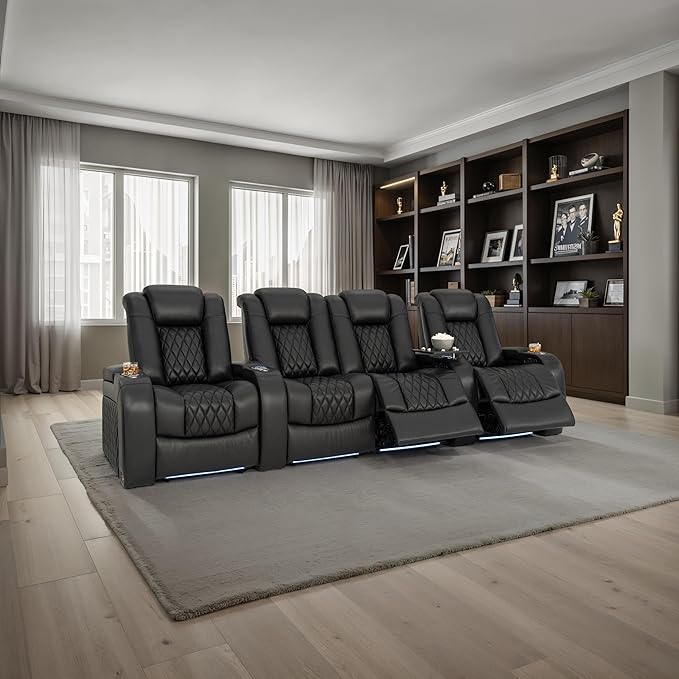 Seatcraft Diamante Zero-Gravity CoolZero Italian Leather Home Theater Seating, Power Headrest, Power Recline, Row of 4 Middle Loveseat, Black