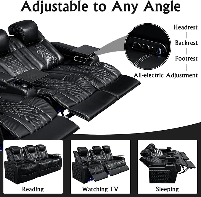 Home Theater Seating, Living Room, Powered Headrest, Powered Lumbar, Italian Leather, Powered Recline, Single Recliner (Black, Row of 3 Loveseat Right)