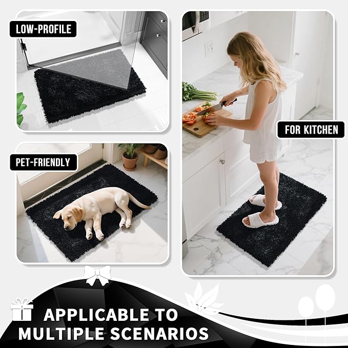 Yimobra Long Bathroom Rugs Runner 70x24 Inch, Extra Thick Soft Absorbent Chenille Bath Mat, Non Slip Machine Washable, Quick Dry Bath Rugs for Bathroom Floor, Tub and Shower, Black