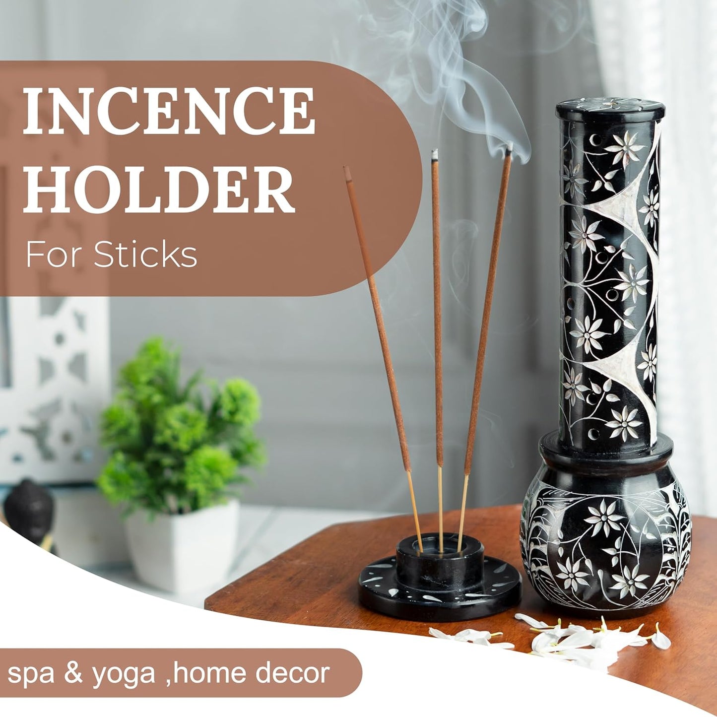 Crocon Black Marble Soapstone Incense Stick Burner Round Shape Flower & Leaf with Handi Design Tower Burner Candle Stick Holder Decorative Home & Kitchen 2.7x2.7x10 Inch