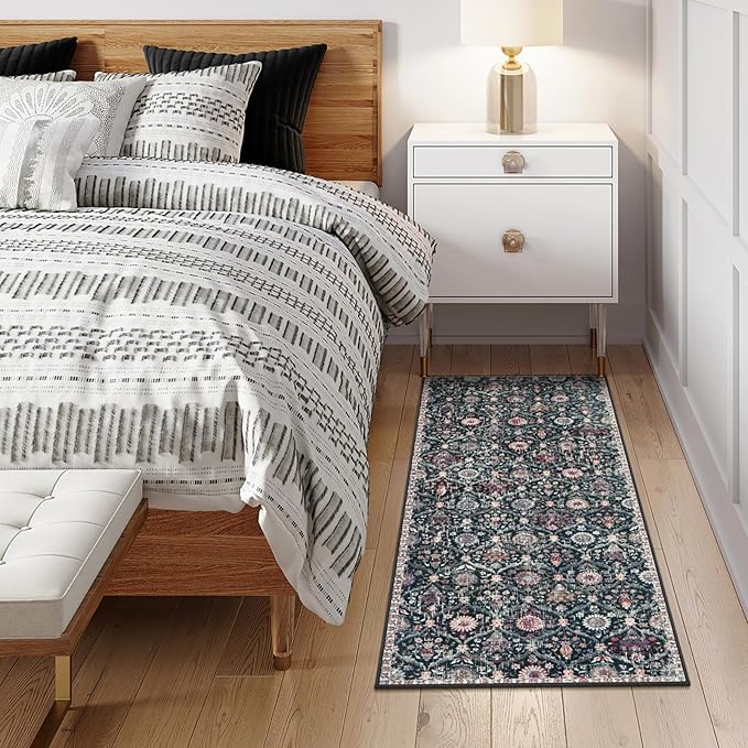 Lahome Moroccan Trellis Kitchen Runner, 2x5 Rug Runners for Hallways Non Slip Laundry Room Rug, Ultra-Thin Washable Vintage Carpet for Bedroom Bathroom, Black/Multi