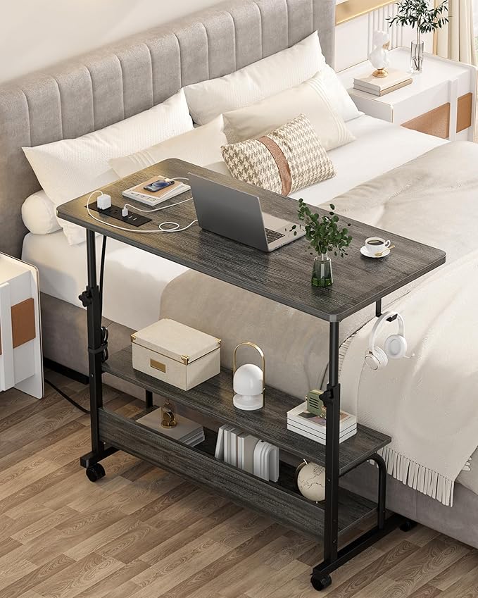 Height Adjustable Standing Desk with Power Outlets, 32" Manual Stand Up Desk with Storage Shelves Small Mobile Rolling Computer Desk Portable Laptop Table with Wheels for Home Office, Grey Oak