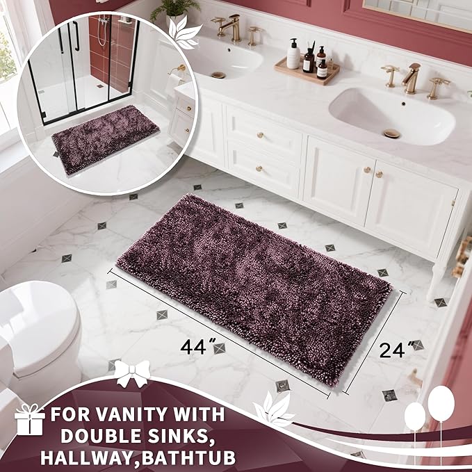 Yimobra Long Bathroom Rug Non Slip 44x24 Inch, Extra Thick Soft Absorbent Chenille Bath Mat, Machine Washable Bath Rugs for Bathroom Floor, Tub and Shower, Home Decor Accessories, Purple Grey