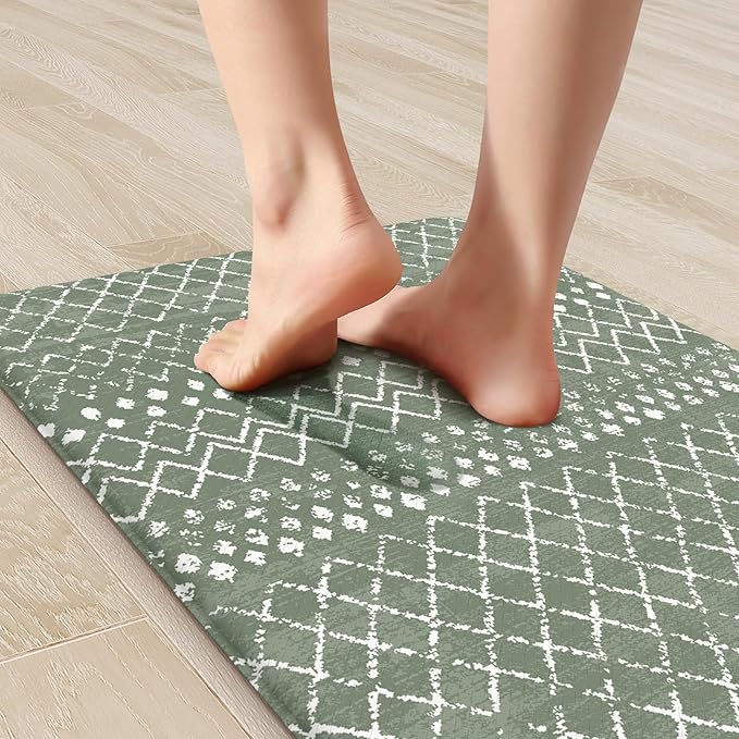 KIMODE Kitchen Mats for Floor Anti Fatigue, Green Boho Kitchen Rugs Sets of 2, Cushioned Kitchen Floor Mats, Comfort Standing Mat for Sink Laundry Office Desk 17"x47"+17"x29"