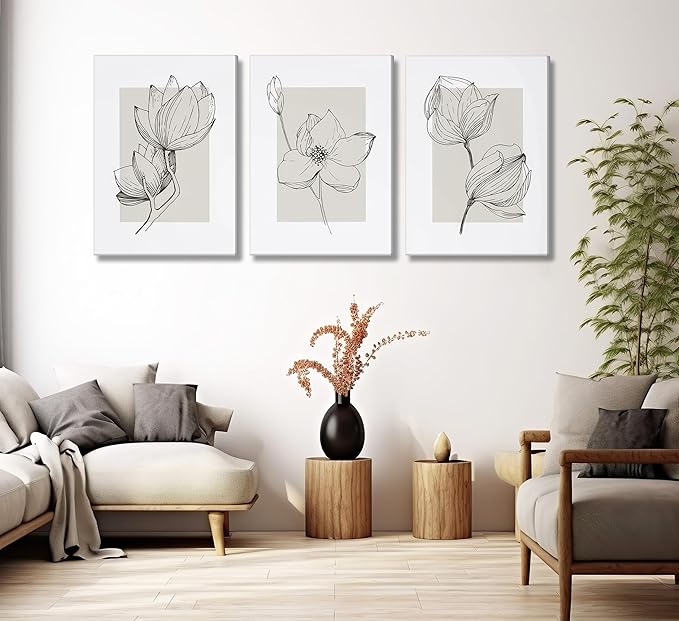 3Pcs Neutral Botanical Canvas Wall Art Beige Simple floral Painting Pictures Wall Decor Vintage Line flower Poster Print Artwork for Living Room Bedroom Bathroom Scene Home Decoration