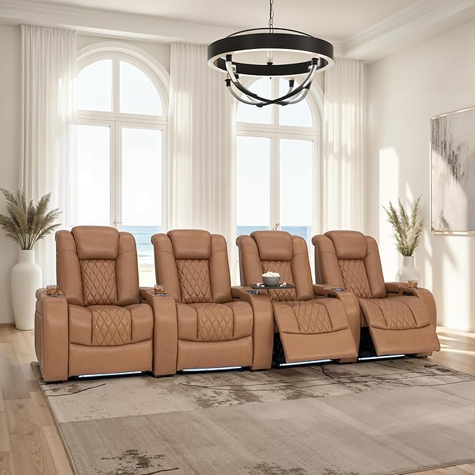 Seatcraft Diamante Zero-Gravity CoolZero Italian Leather Home Theater Seating, Power Headrest, Power Recline, Row of 4, Tan Oak