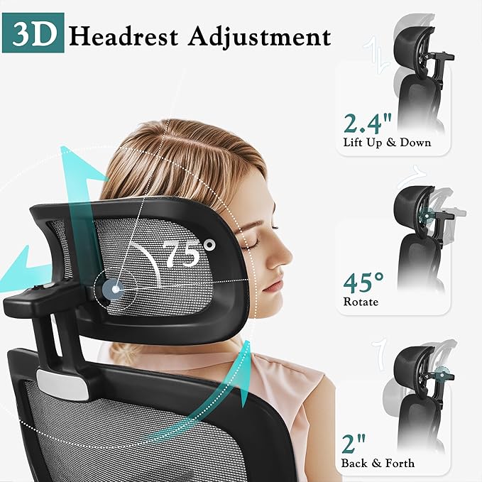 VECELO High Back Ergonomic Office Chair, Big and Tall Mesh Desk Chair with Wheels, Tilt Function, 3D Armrests & Headrest, Lumbar Support, Swivel Rolling Computer Chair for Task, Home Office, Black