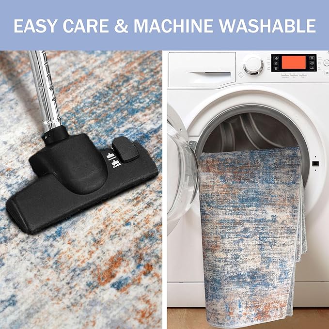 IOHOUZE Abstract Area Rugs 8x10 Ft Washable Large Rugs for Living Room, Non Slip Dining Room Rug, Printed Faux Wool Rugs for Bedroom, Floor Carpet for Office Nursery Playroom, Blue Rust