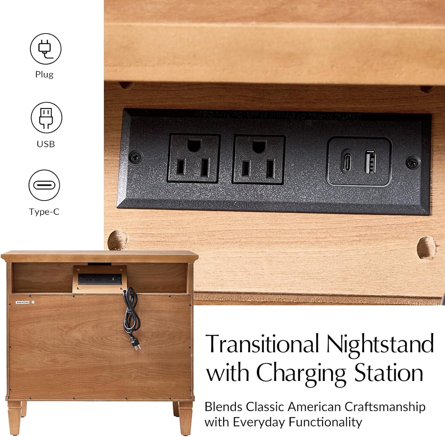 HULALA HOME Farmhouse Nightstand with Charging Station, Pull-Out Tray, 3 Drawers Nightstand with Solid Wood Legs, Wood Veneer Bedside Table with Open Shelf Set of 2, Acorn