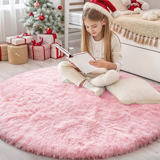 OLANLY Pink Round Rugs for Bedroom - Machine Washable, 4 ft Circle Area Rugs for Living Room, Soft and Fluffy Shaggy Carpet for Teen Girls and Boys, Nursery Rooms, Dorms, Home Decor Aesthetic