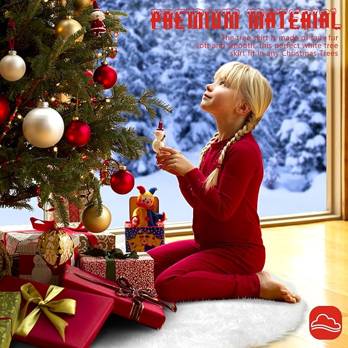 Christmas Tree Skirt 48 inches Faux Fur White Christmas Tree Skirt for Christmas Tree Decorations Winter Holiday Home Christmas Party Ornaments (White)