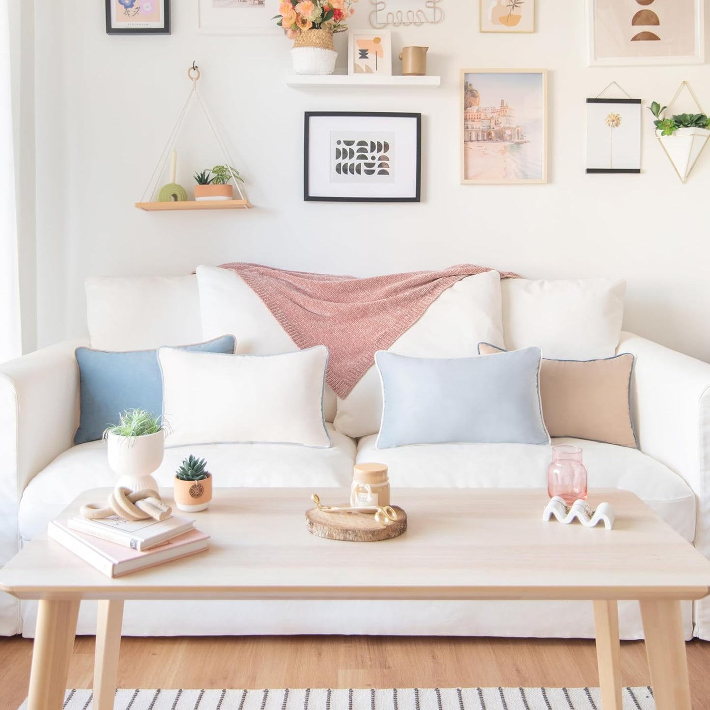 MONDAY MOOSE Decorative Throw Pillow Covers Cushion Cases, Set of 4 Soft Velvet Modern Double-Sided Designs, Mix and Match for Home Decor, Pillow Inserts Not Included (12x20 inch, Beige/Light Blue)