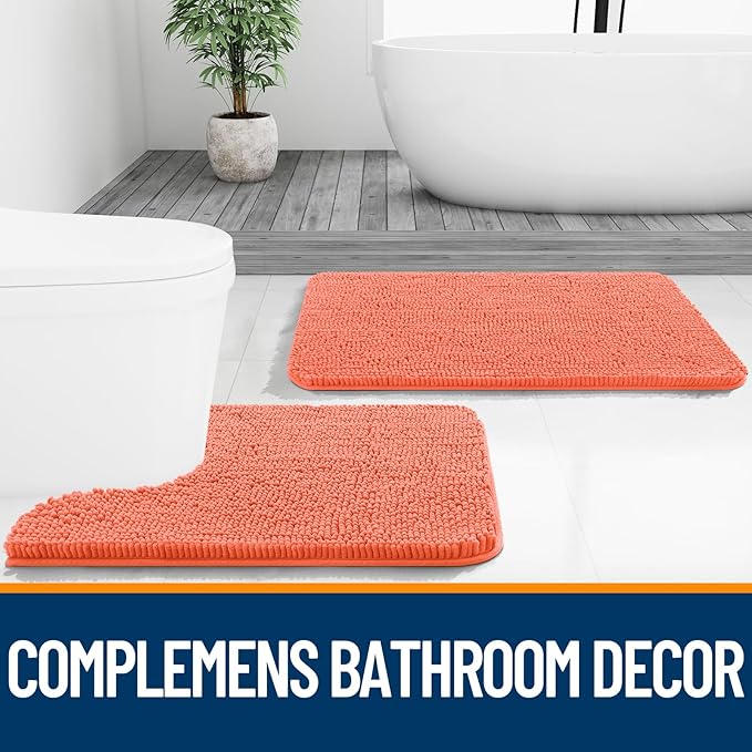 OLANLY Bathroom Rugs 40x32, Extra Soft Absorbent Chenille Bath Rugs, Rubber Backing Quick Dry, Machine Washable Bath Mats for Bathroom Floor, Tub and Shower, Home Decor Accessories, Coral