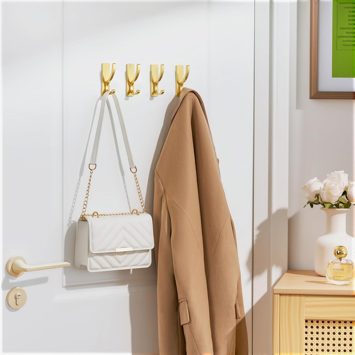 Adhesive Wall Hooks for Towels Coats - Stick On Hooks Hanging Heavy Duty (13lb), Metal Hook for Door, Bathroom, Dorm, Closet - Hanger for Purse, Bag, Robe,Backpack - No Damage to Wall - Gold 6 Pack