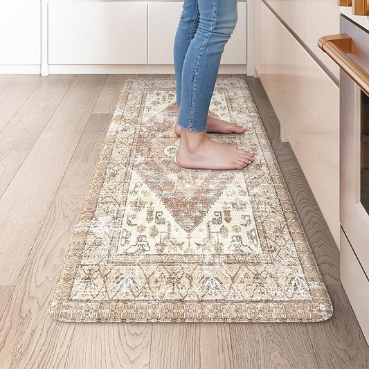 KIMODE Kitchen Mats Cushioned Anti Fatigue, 20"x39" Farmhouse Kitchen Rug, Non Slip Kitchen Mats for Floor, Padded Kitchen Floor Mats, Standing Desk Mat for Sink, Laundry, Desk Khaki