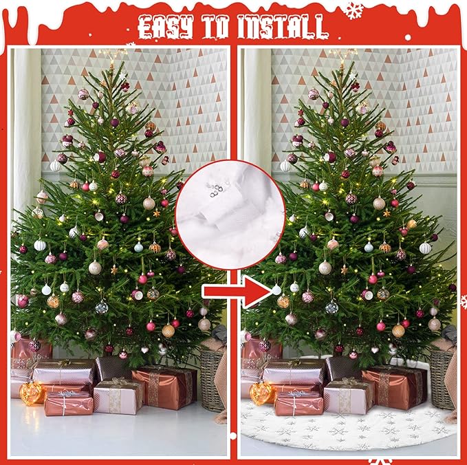 Christmas Tree Skirt 48 inches Faux Fur White Christmas Tree Skirt for Christmas Tree Decorations Winter Holiday Home Christmas Party Ornaments (Silver)