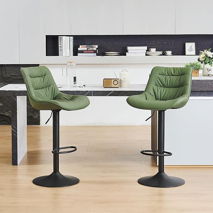 Kidol & Shellder Bar Stools Set of 2 Adjustable Swivel Green, PU Leather Upholstered with Back, Modern Counter Height Stools for Kitchen Island, Home Bar