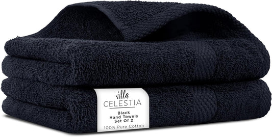 100% Cotton Hand Towel Set of 2, (16 x 28 inches) Sustainable, Soft, Highly Absorbent, Quick Drying, Combed Cotton Hand Towels Pack of 2 Ideal for Hotels, Spa, Bathroom, Dorm, Black