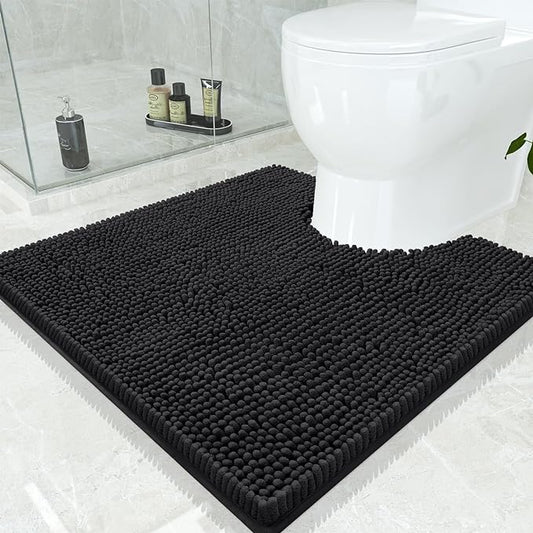 Smiry Luxury Chenille Toilet Rugs U-Shaped 24x24, Soft Absorbent Non-Slip Contour Bathroom Rugs for Toilet, Machine Washable Contoured Bath Mats, Black