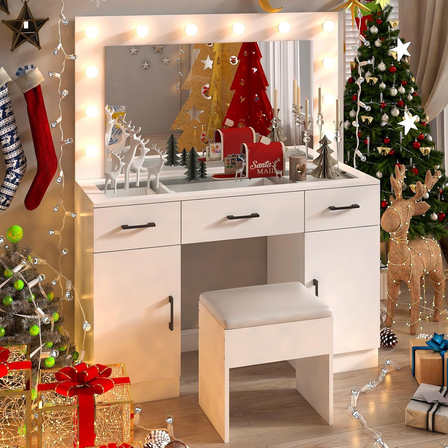 Karl home Vanity Desk with Large Lighted Mirror & Powre Outlet, Glass Tabletop Makeup Vanity Set with 3 Drawers & 2 Cabinet, 45.3" Make up Dressing Table with 12 Lights for Bedroom, White