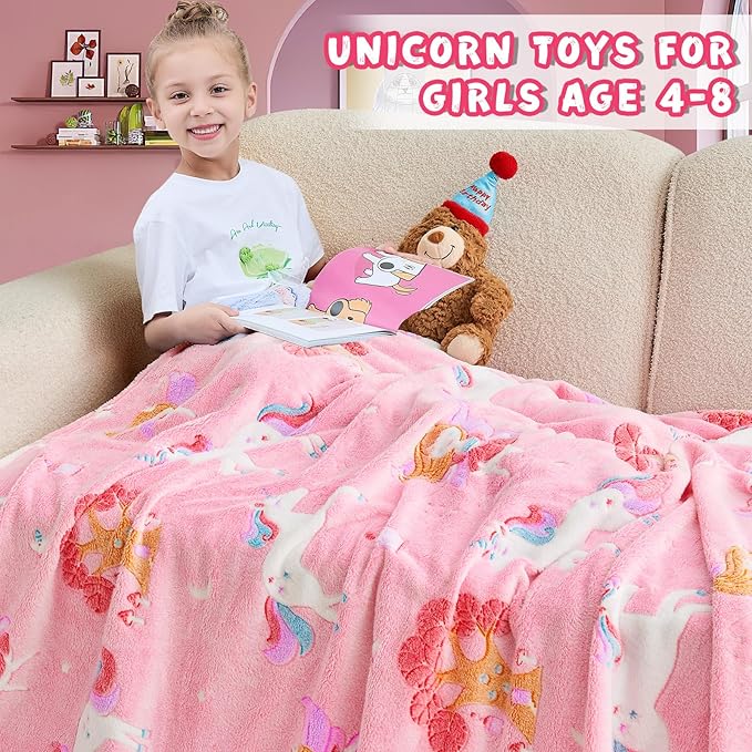 inhand Unicorn Toys Glow in The Dark for Blanket,Unicorn Gifts for Girls Age 1 2 3 4 5 6 7 8 9 10 11 12 13 Birthday Halloween Christmas Cute Soft Room Decor Kids Blanket Pink 50"X60"
