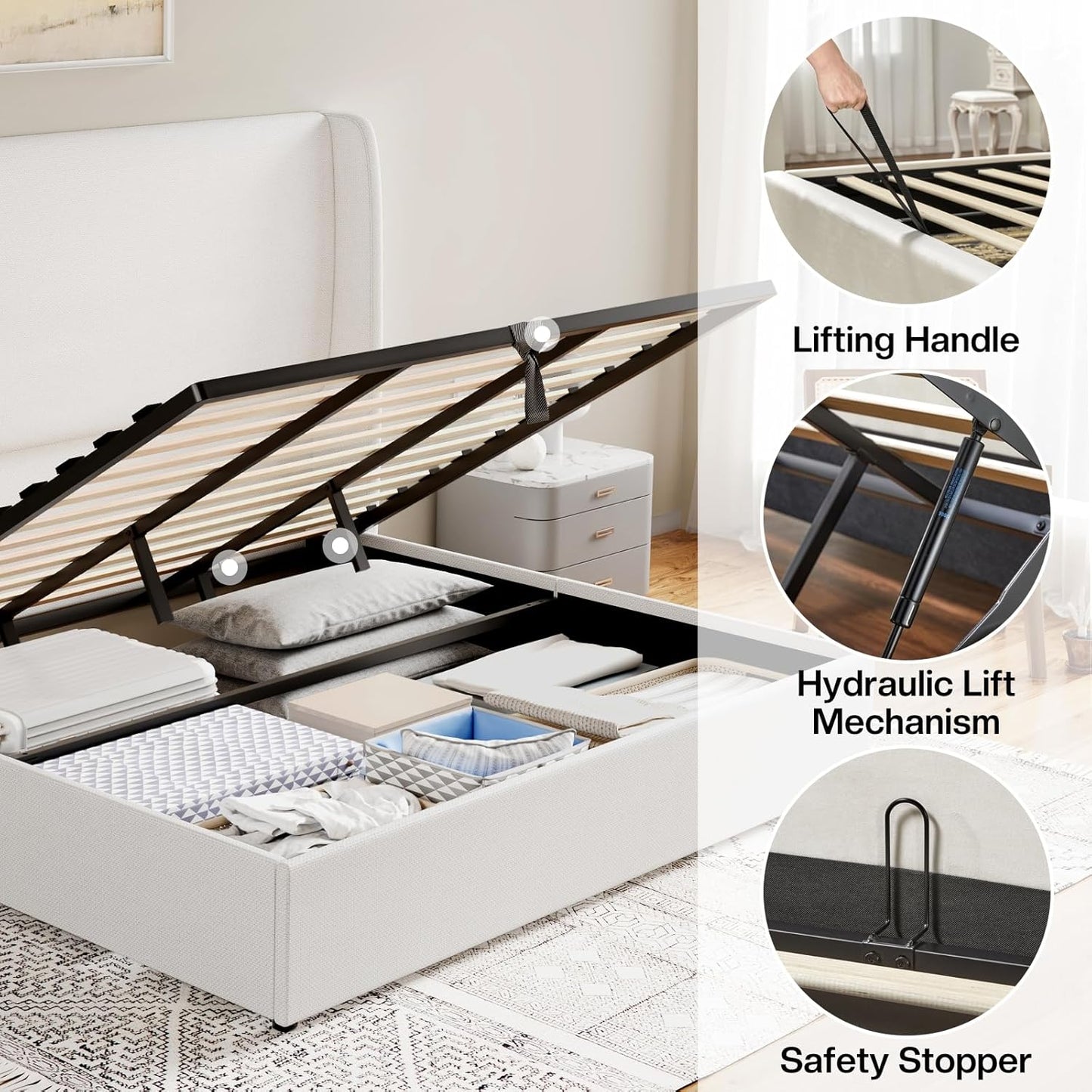 Jocisland King Size Bed Frame with Storage - Upholstered Lift Platform Bed, Wingback Headboard, Hydraulic System, No Box Spring Needed, Wood Slats Support, White