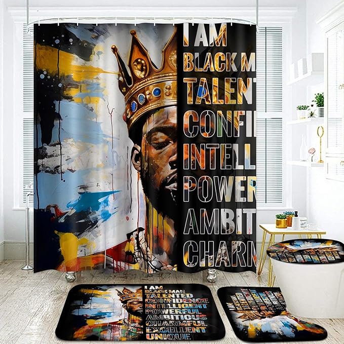 4Pcs Black King Bathroom Shower Curtain Sets, Colorful Inspirational Quote Shower Curtains with Rugs Toilet Lid Cover Bath Mat, Cool Unique Black Man Bathroom Decor Accessories Set