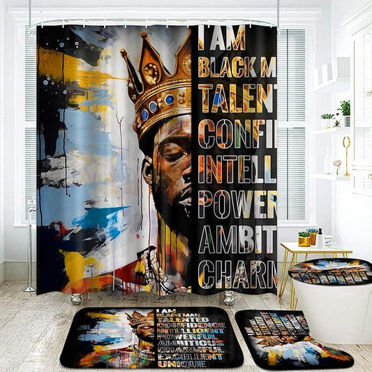4Pcs Black King Bathroom Shower Curtain Sets, Colorful Inspirational Quote Shower Curtains with Rugs Toilet Lid Cover Bath Mat, Cool Unique Black Man Bathroom Decor Accessories Set