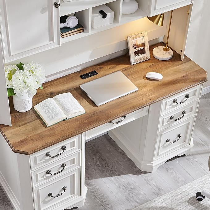 T4TREAM 59" Farmhouse Executive Desk with Hutch,Wood Home Office Computer Desk, Featuring Keyboard Tray,Charging Station,File Drawer, Storage Cabinet,for Work and Study (Antique White)