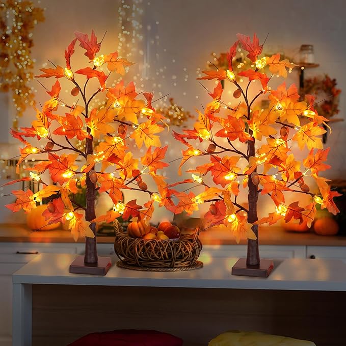 2 Pack 24 Inch Fall Maple Tree with Lights Battery Operated Lighted Tabletop Artificial Tree with Pumpkin Acorn Maple Fall Centerpieces Indoor Fall Decorations for Home Office Thanksgiving Table Decor