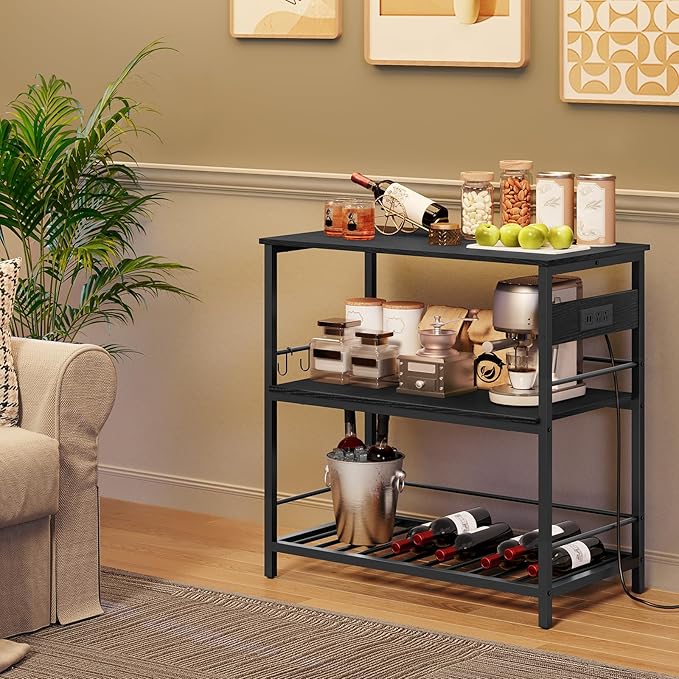 HOOBRO Kitchen Island with Storage, Kitchen Island Table with Power Outlet, 35.4" L 3 Tier Coffee Station and Microwave Stand, for Home, Kitchen and Dining Room, Black BB021ZD01