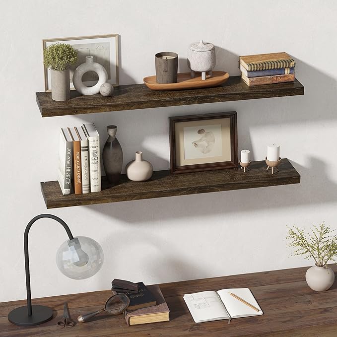 Rustic Wood Floating Shelves for Wall Decor, Elm Wood Shelves 48 Inch Long, 8 Inch Deep Floating Shelf for Living Room Bathroom Bedroom Kitchen, 48 x 8 Wall Shelves Set of 1, Walnut Color