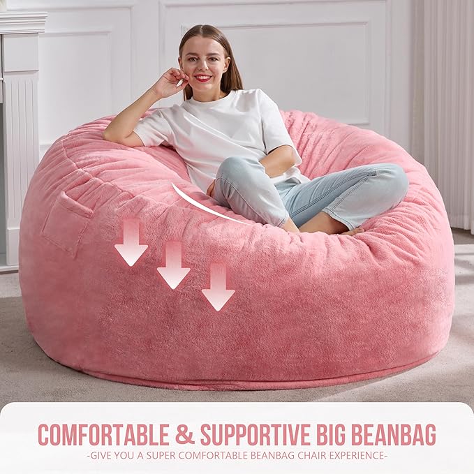 Hobestluk 5ft Bean Bag Chairs for Adults Large Beanbag Chair with Plush Faux Fur Cover Big Bean Bag Chair for Living Room Bedroom Dorm Office - Pink (50” x 50” x 24”)