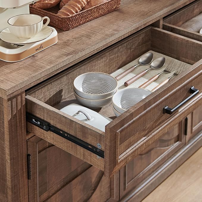 JXQTLINGMU 55" Large Buffet Sideboard Cabinet with 3 Doors and 2 Drawers, Buffet Table Coffee Bar Wine Bar Storage Cabinet for Dining Room, Living Room, Warm Brown