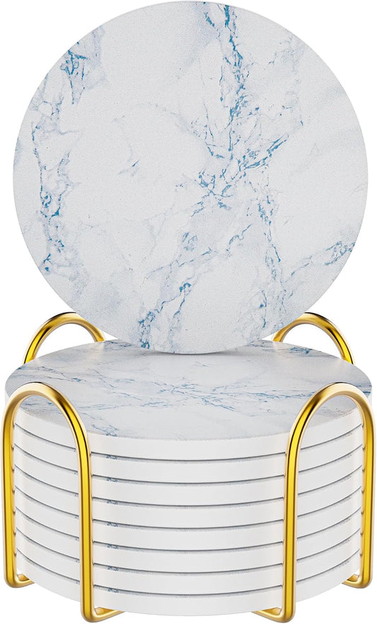 Coasters for Drinks Set of 8, Absorbent Ivory Marble Style Marble with Metal Golden Holder, Ceramic Coaster Set Cup Mat for Home Decor, Bar, Kitchen, Party