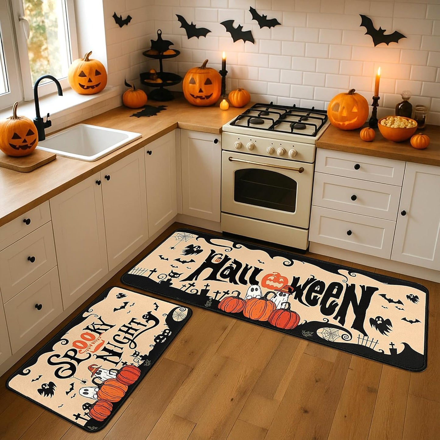 2 Piece Halloween Kitchen Decor Rugs Set,Cute Ghost Kitchen Rugs and Mats Non Skid Washable Absorbent Kitchen Accessories Decoration Floor Mats 17"x47"+17"x30"