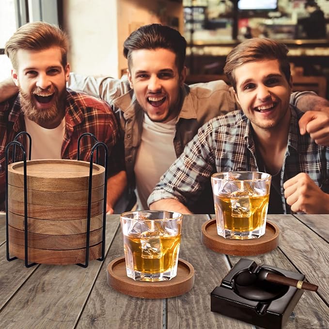 Rustic Wooden Coasters Set of 8 Farmhouse Coffee Table Decor Acacia Wood Drink Coaster with Holder Modern Outdoor Bar Cool Cup Costers Kitchen Accessories Decoration Home Dining Coasters Gift