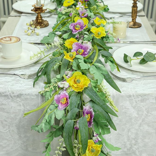 6FT Spring Garland for Decoration, Summer Green Eucalyptus Flower Garlands for Mantle Table Wedding Decor, Fake Vines Greenery Easter Garland Backdrop Floral Arch Wall Room Garden Farmhouse Home Decor