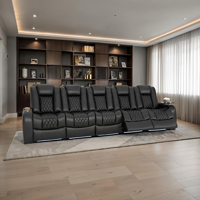 Seatcraft Diamante Zero-Gravity CoolZero Italian Leather Home Theater Seating, Power Headrest, Power Recline, Row of 5 Sofa, Black