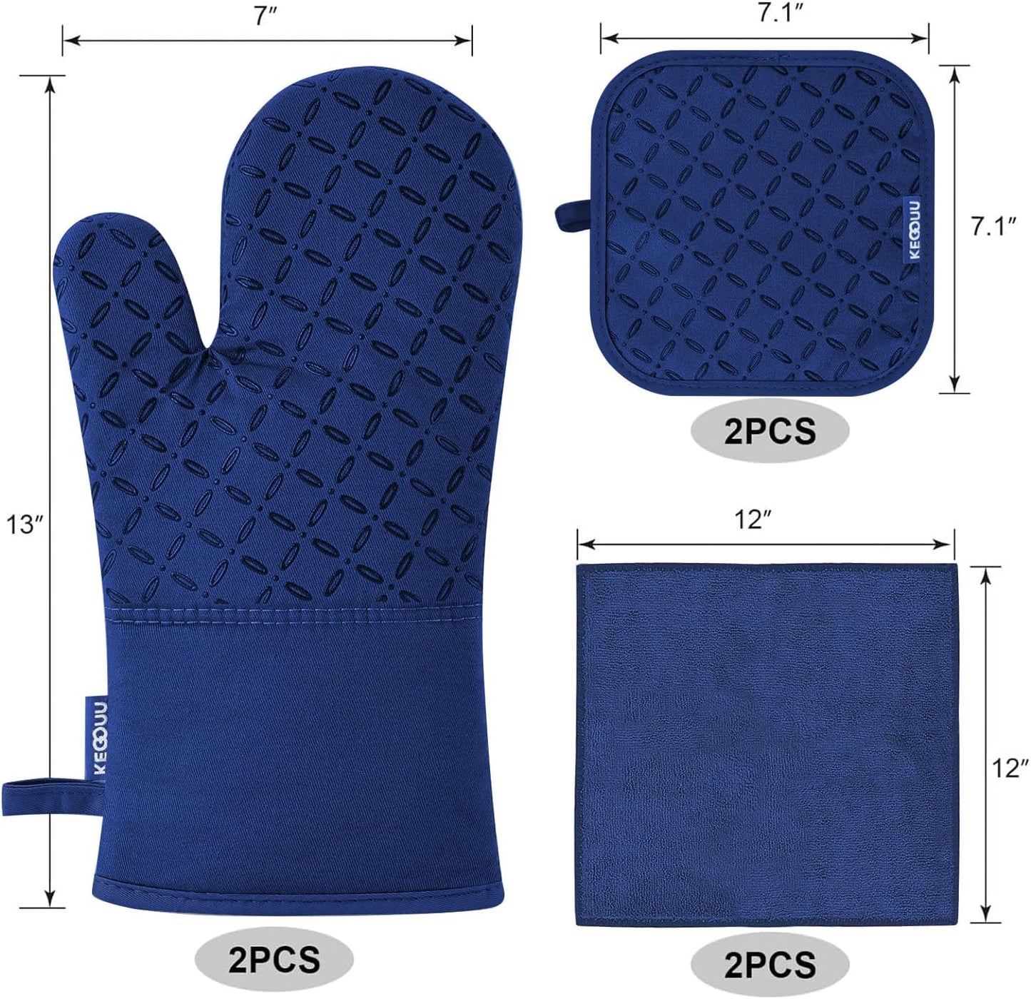 KEGOUU Oven Mitts and Pot Holders 6pcs Set, Kitchen Oven Glove High Heat Resistant 500 Degree Extra Long Oven Mitts and Potholder with Non-Slip Silicone Surface for Cooking(Marine Blue)