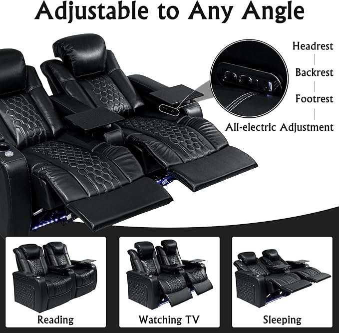 Home Theater Seating, Living Room, Powered Headrest, Powered Lumbar, Italian Leather, Powered Recline, Single Recliner (Black, Row of 2)