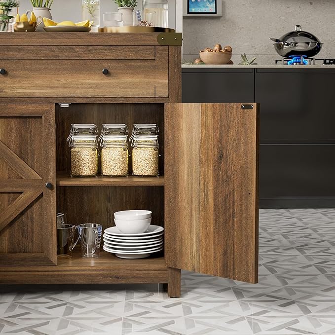 JUMMICO Coffee Bar Cabinet Farmhouse Kitchen Sideboard Buffet Cabinet with Drawer and Adjustable Shelf Barn Door Storage for Kitchen, Dining Room, Bathroom, Entryway (Brown)