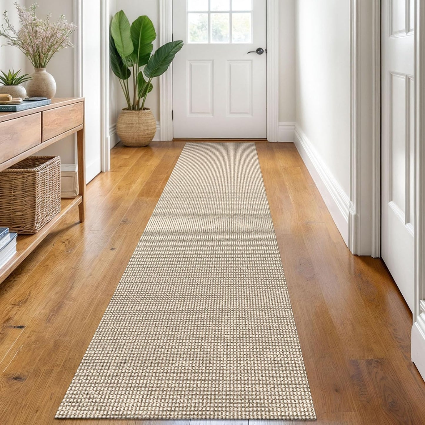 KOZYFLY Runners for Hallways 2x8 ft Washable Kitchen Runner Non Slip Rubber Backed Hall Runners Cotton Entryway Runner Rugs Floor Carpet for Indoor Backdoor Bedroom Kitchen, Ivory/Khaki