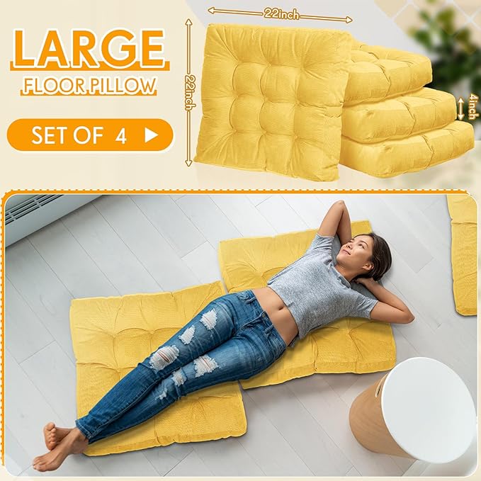 Jerify 4 Pcs Floor Pillow Cushions 22 x 22 Inch Round Square Large Meditation Floor Pillow for Classroom Adult Meditation Picnic Party Cushion for Seating Gift Christmas(Yellow,Square)